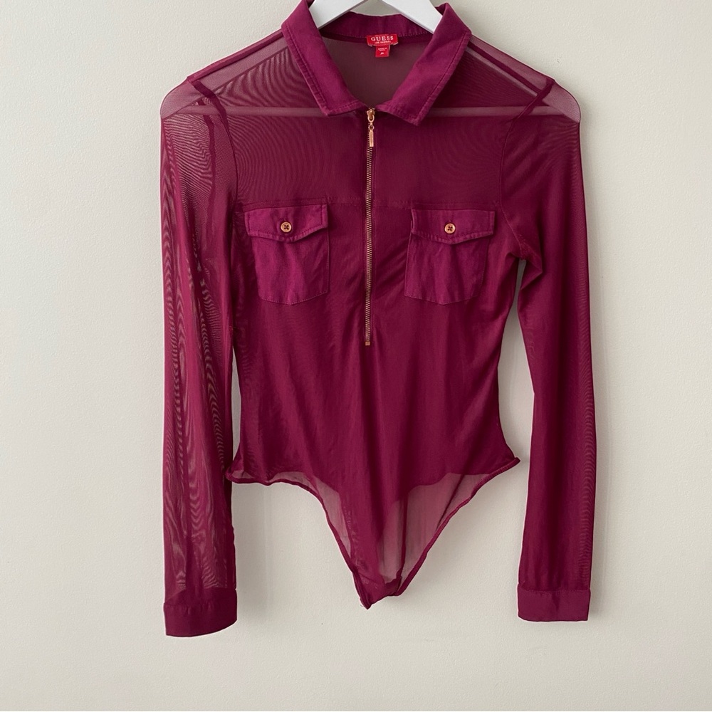 Guess Burgundy Sheer Long Sleeve Bodysuit Size Medium